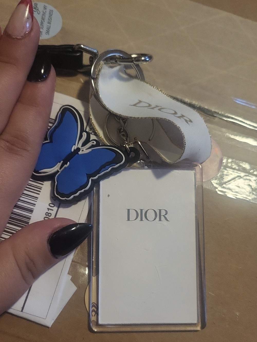 Dior White Leather Strap Keychain Card Holder with Blue Butterfly Charm